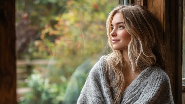 Fototapeta Young woman enjoys a quiet moment by the window, wrapped in a cozy blanket while gazing peacefully at the garden outside