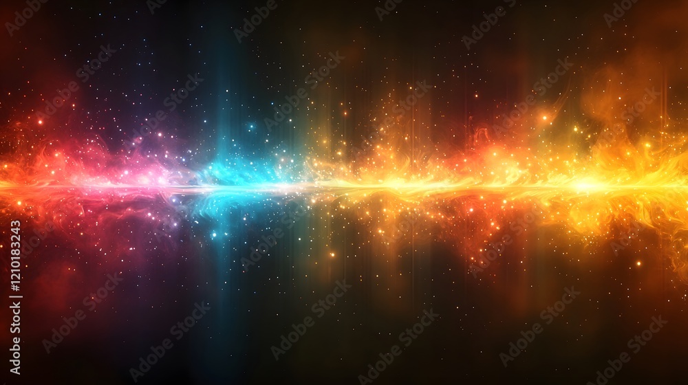 Aufkleber Mesmerizing abstract image featuring vibrant horizontal glowing light stripes in a range of rich colors set against a dark gradient background from orange to black