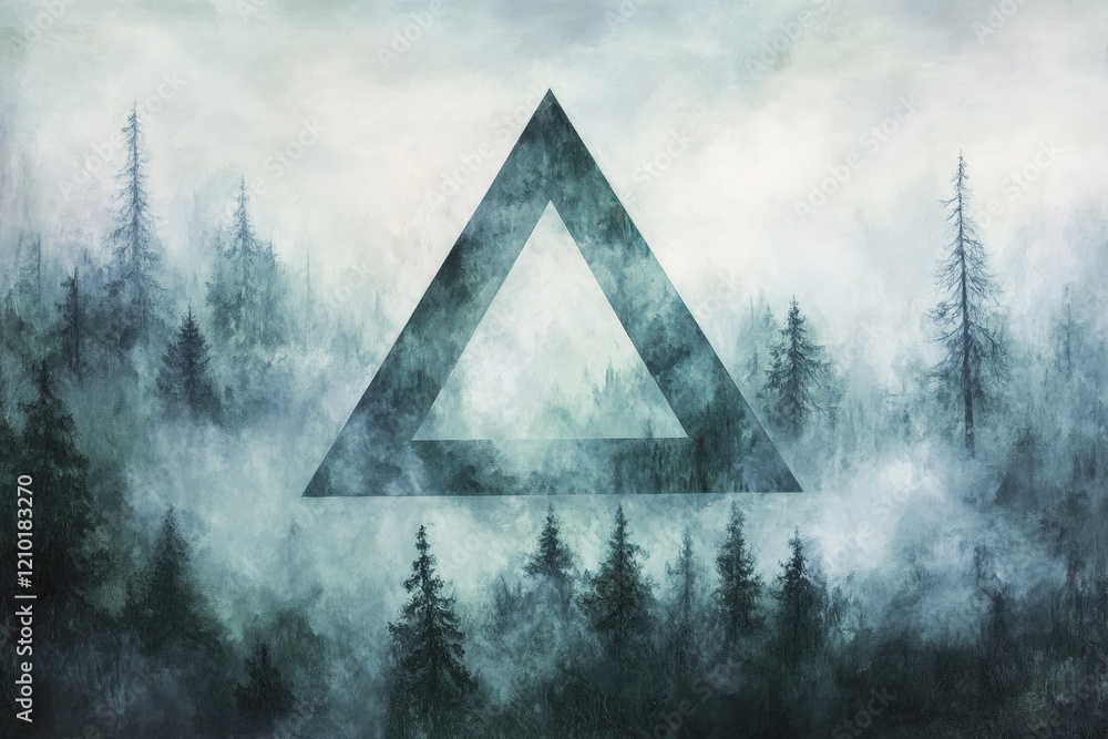 Poster abstract geometric shape over a misty forest landscape, creating a mystical atmosphere with trees bl