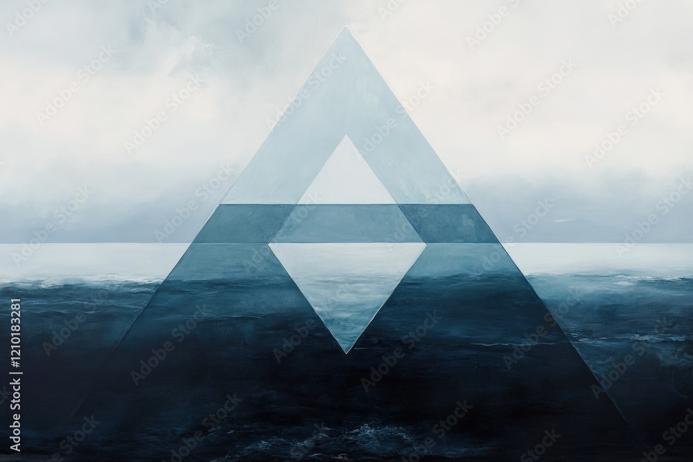 Poster abstract geometric shapes combined with an ocean horizon create a serene and tranquil atmosphere for