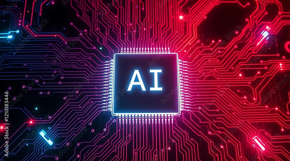 Poster abstract glowing printed circuit board with ai text written on it. glowing ai text. ai revolution, t