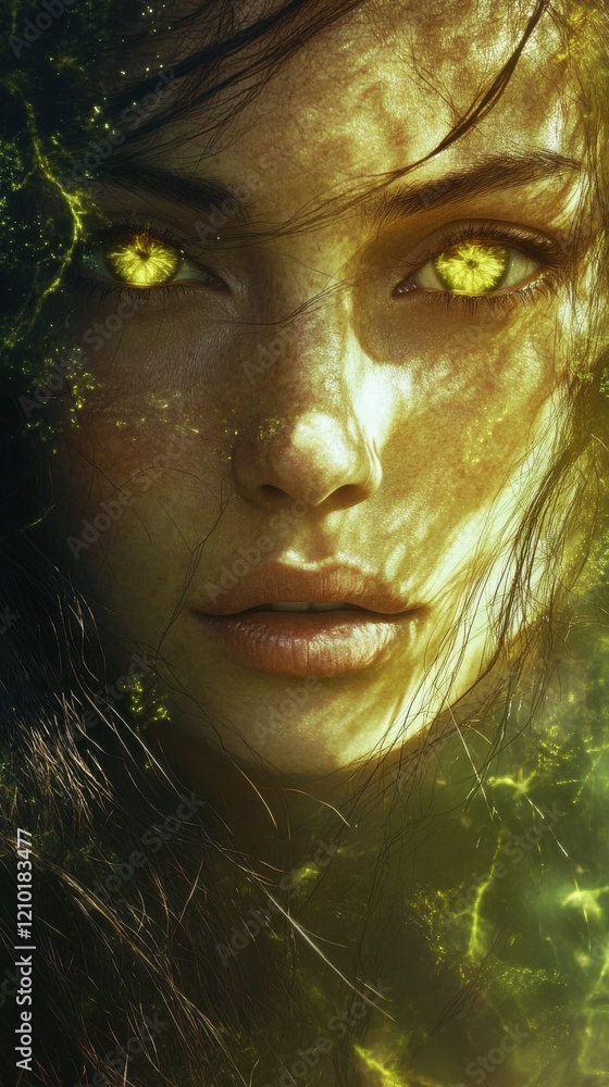 Poster mystical portrait of a woman with glowing face and enchanting eyes in a surreal setting at dusk