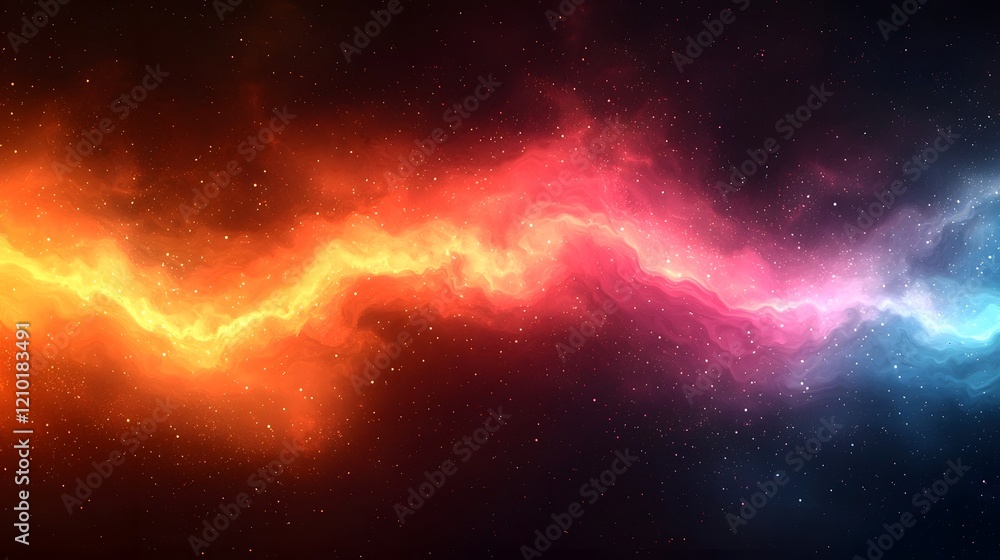 Poster Glowing abstract horizontal light stripes in bright vibrant colors against a blurred dark orange and black gradient background creating a dynamic cosmic and energetic visual effect