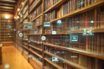 Concept of an e library with virtual icons computer