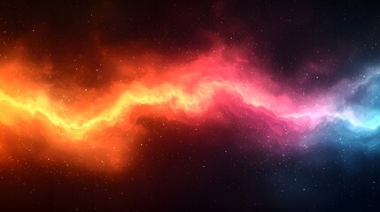 Fototapeta premium Glowing abstract horizontal light stripes in bright vibrant colors against a blurred dark orange and black gradient background creating a dynamic cosmic and energetic visual effect