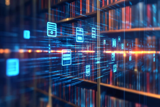 Concept of an e library with virtual icons computer