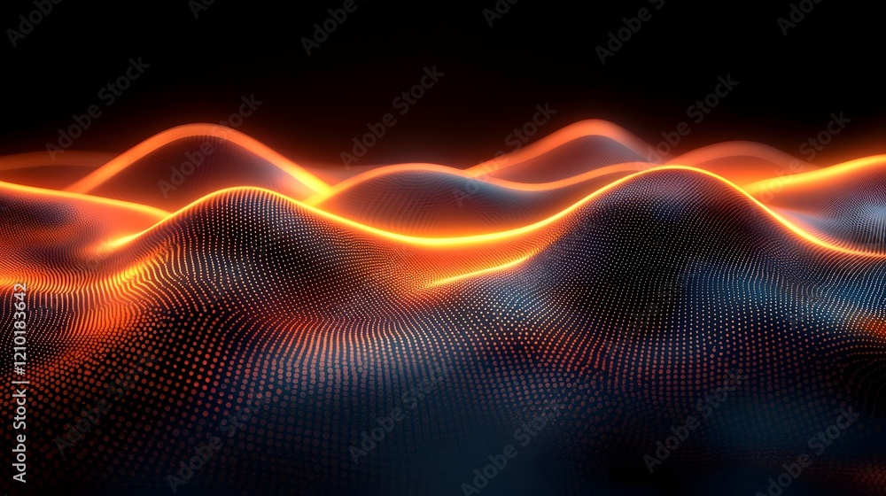 Poster Vibrant glowing lines flowing fluidly across a dark orange and black abstract background with a blurred gradient effect creating a mesmerizing and futuristic digital artwork