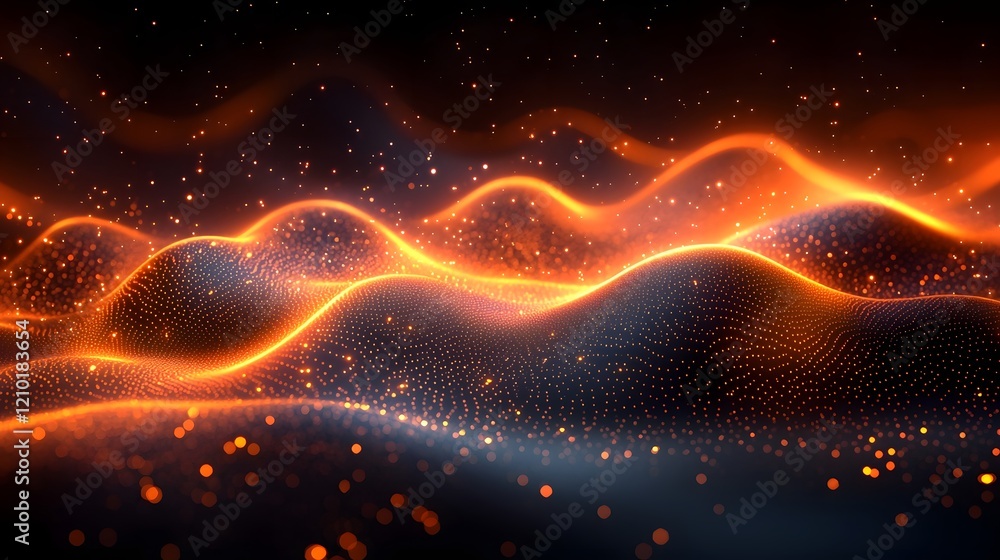 Poster Vibrant glowing lines flowing and swirling across a dark orange and black abstract background with a blurred gradient effect