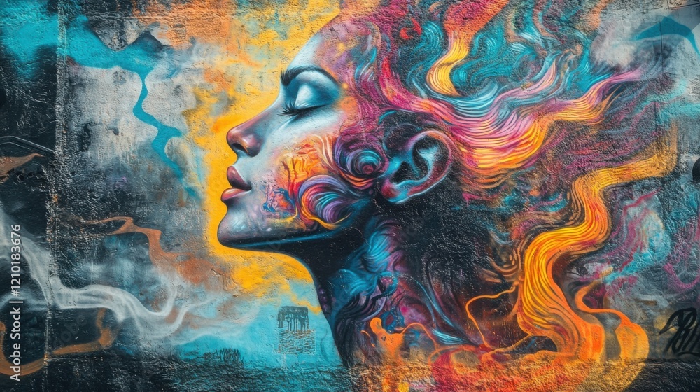 Aufkleber mystical profile of a woman adorned with vibrant colors and swirling patterns against a textured bac