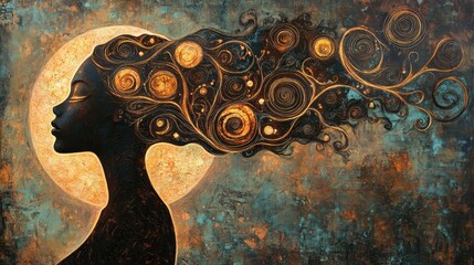 Mystical profile of a woman with flowing hair inspired by celestial elements set against a glowing backdrop