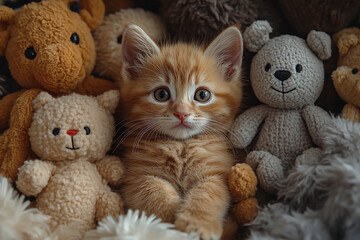 Fototapeta premium Playful Kitten Hiding Among Colorful Stuffed Animals, Adorable Baby Cat Curiosity, Soft Toy Adventure