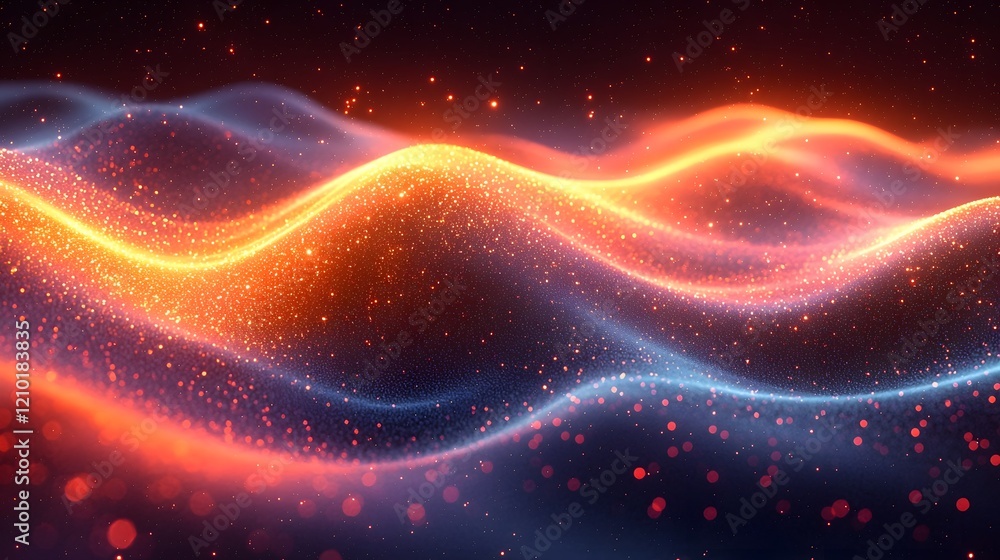 Poster Mesmerizing glow of undulating flowing colorful stripes creating a dynamic vibrant and captivating abstract background with smooth blurred gradient transitions on a dark orange and black canvas