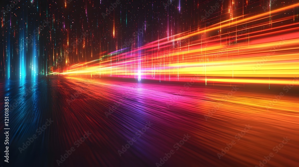 Aufkleber Mesmerizing abstract motion of glowing vibrant colorful stripes with smooth blurred gradient transitions on a dark orange and black background creating a captivating futuristic sci fi atmosphere