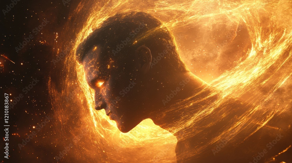 Aufkleber mystical profile of a man illuminated by cosmic energy and swirling light in a vast universe