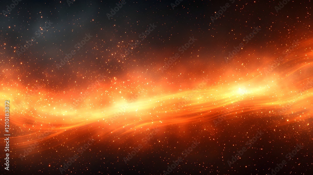 Poster Vibrant cosmic abstraction with dynamically flowing glowing horizontal stripes of light against a dark blurred gradient background in shades of orange  Fiery