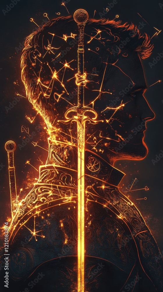 Aufkleber mystical profile of a man illuminated by glowing swords and cosmic elements