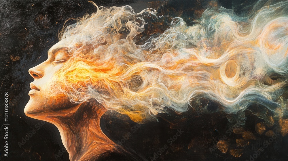 Poster mystical profile of a man surrounded by ethereal wisps of color and light in a dreamlike atmosphere