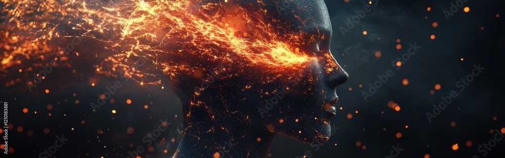 Aufkleber mystical profile of a man filled with fiery elements against a dark background
