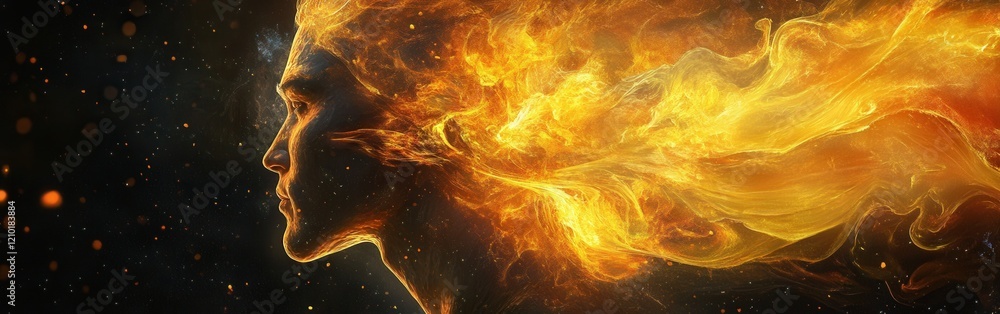 Aufkleber mystical profile of a man with flames symbolizing passion and energy in an ethereal cosmic setting