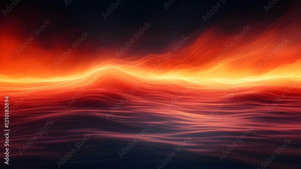Poster A captivating abstract background featuring a dynamic flow of glowing horizontal stripes against a dark fiery gradient in shades of orange and black creating a mesmerizing and otherworldly atmosphere