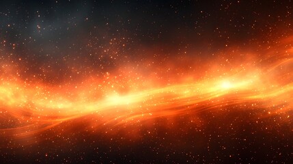 Fototapeta premium Vibrant cosmic abstraction with dynamically flowing glowing horizontal stripes of light against a dark blurred gradient background in shades of orange Fiery