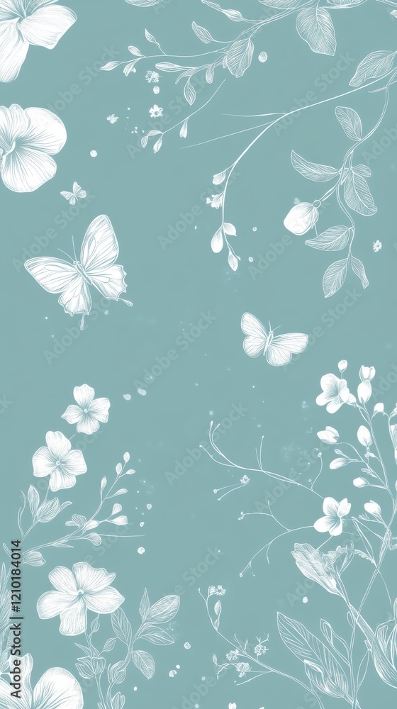 Poster Monochromatic spring pattern in soft shades featuring butterflies and delicate flowers on a soothing backdrop