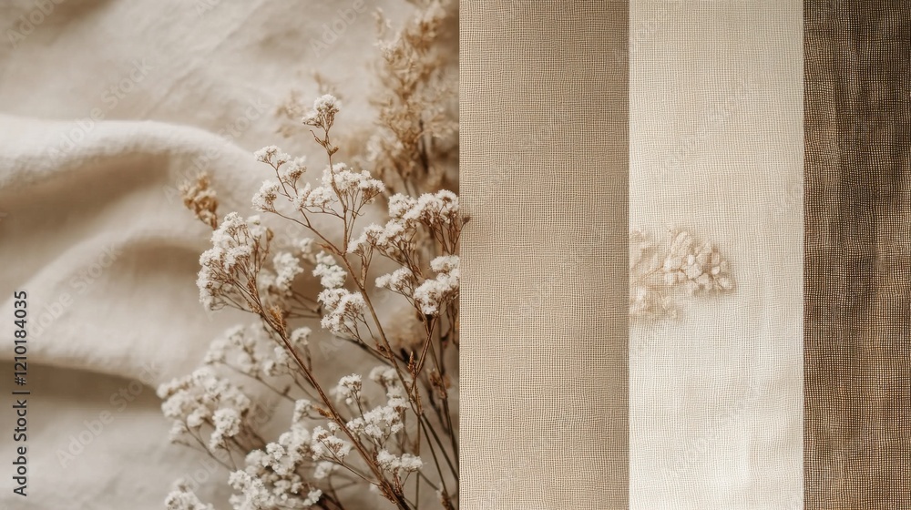 Poster soft beige flowers arranged against a muted taupe background highlighting calmness and simplicity in