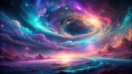 Celestial Seascape A Dreamlike Vision of Swirling Nebulae and Serene Shores