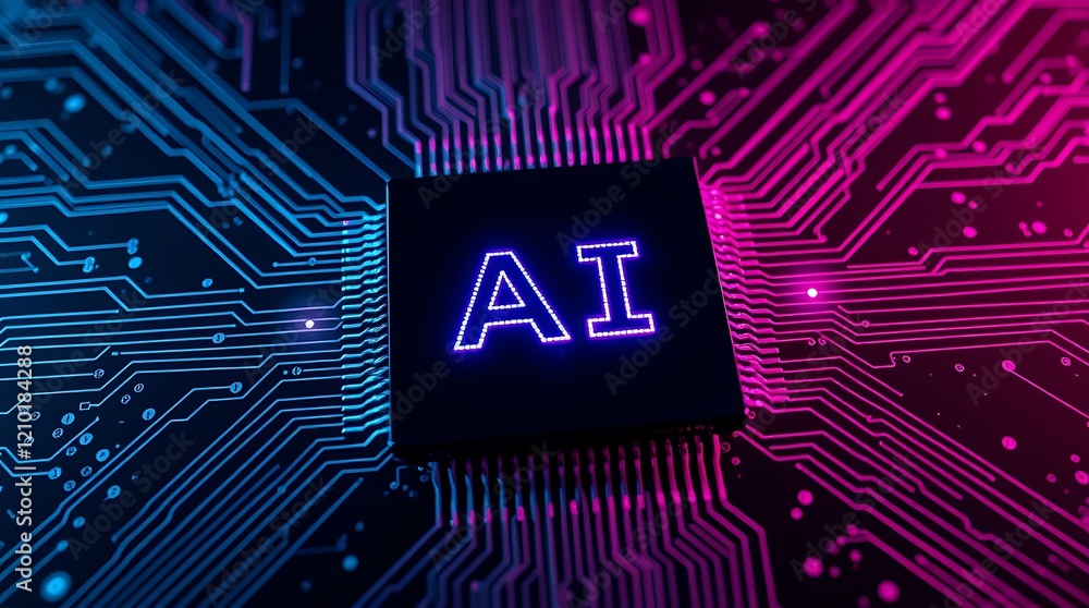 Poster abstract glowing printed circuit board with ai text written on it. glowing ai text. ai revolution, t