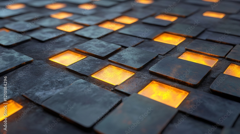 Poster an atmospheric close-up of illuminated tiles with a warm glow, creating a cozy and inviting ambiance