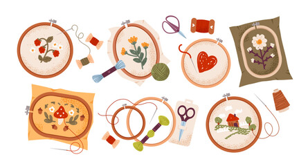 Embroidery set for creative hobby. Embroidery tools, hoops, needles, and yarns. Flat vector illustration. © vik.stock