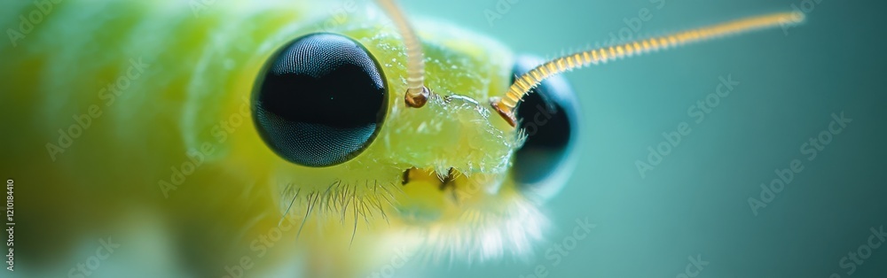 Poster macro view reveals intricate details of a moth caterpillar's face in a natural setting