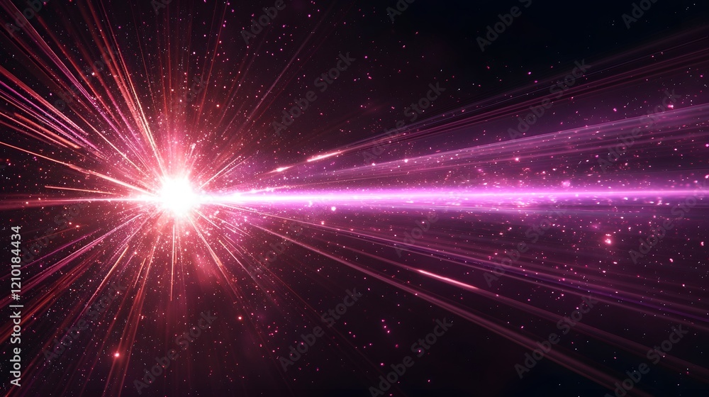 Poster Glowing purple laser beam with intricate flare effects and streaks of light rays spreading outward on a dark black background creating an intense cosmic and futuristic visual display