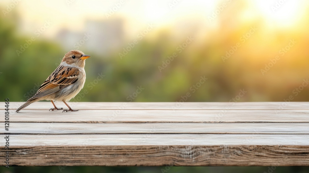 Poster bird standing on empty wooden table with blurred background at sunset