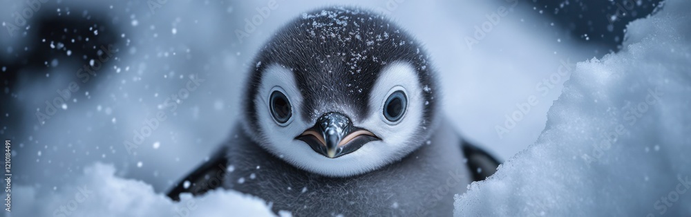 Poster close-up view of a penguin chick's face surrounded by snow in a cold habitat