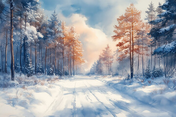 Fototapeta premium watercolor painting of a serene winter forest landscape
