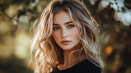 Obraz premium Beautiful young woman with wavy hair in a natural outdoor setting during golden hour