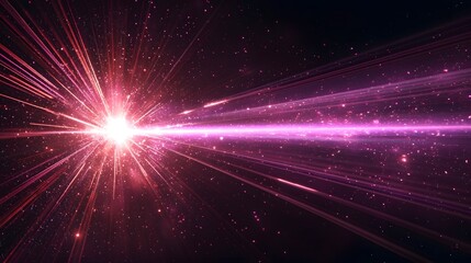 Glowing purple laser beam with intricate flare effects and streaks of light rays spreading outward on a dark black background creating an intense cosmic and futuristic visual display