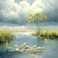 Fototapeta premium “Tranquil Wetlands with Blooming Water Lilies and Serene Reflections”