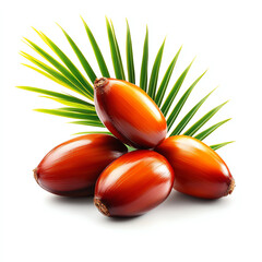 Fresh palm oil fruit with green palm leaves on a white background, symbolizing natural ingredients and sustainable agriculture.