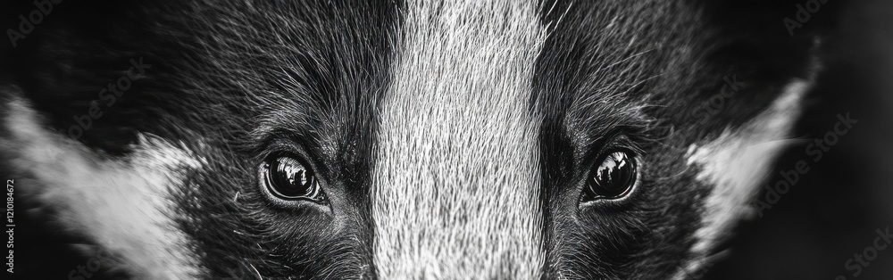 Poster Close-up view of a badger's face displaying intricate fur patterns and expressive eyes in natural habitat