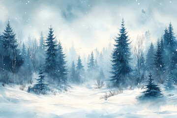 Obraz premium watercolor illustration of a peaceful winter forest scene