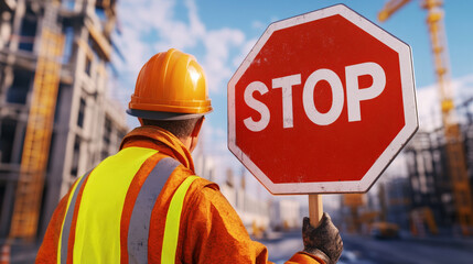 Construction worker holding stop sign at building site, wearing safety gear. scene conveys sense of caution and safety in busy construction environment