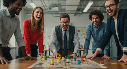 Four joyful colleagues lean over a board game, colorful pieces scattered across the playing area. Theyre laughing and engaged in a collaborative game session.