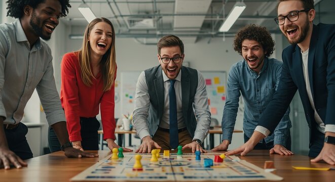 Four joyful colleagues lean over a board game, colorful pieces scattered across the playing area. Theyre laughing and engaged in a collaborative game session. - Powered by Adobe