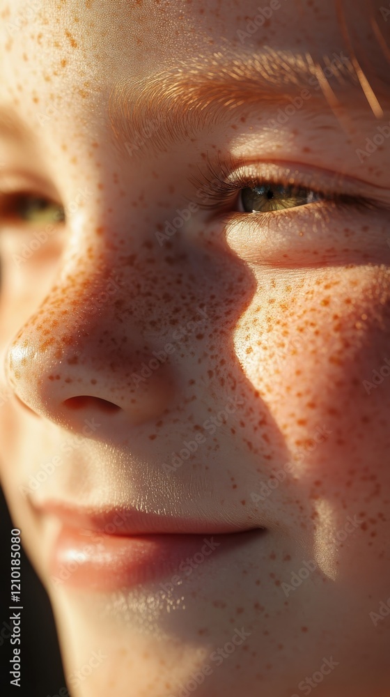 Poster close-up view of a child's face highlighting freckles and warm sunlight during a calm afternoon