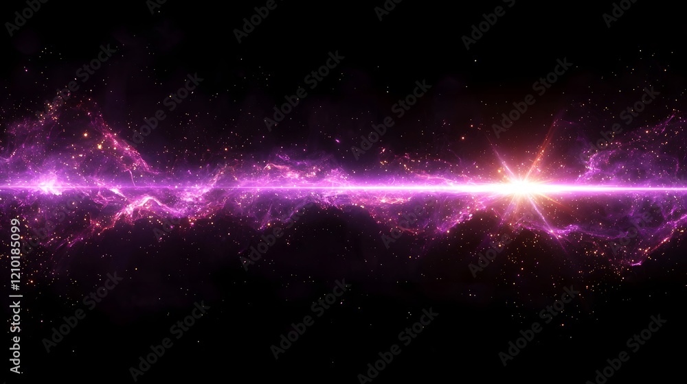 Aufkleber Intense purple laser beam with glowing flare and sharp bright light rays slicing through a dark black background creating a dramatic futuristic and technological visual effect