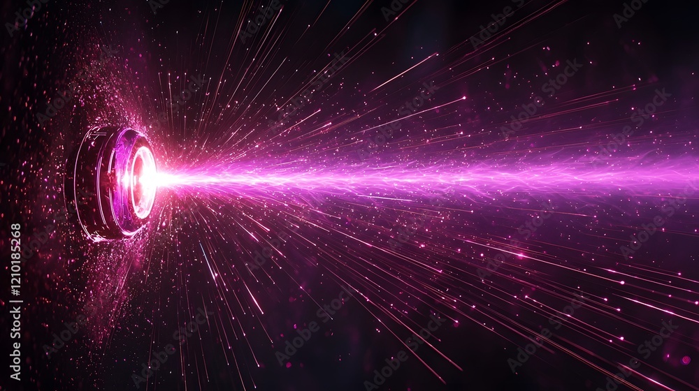 Poster Radiant purple laser beam shooting through a deep black backdrop with glowing flares and detailed rays of light creating an intense futuristic and electrifying visual effect