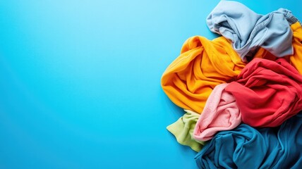 Colorful fabric swatches on blue background, neatly arranged