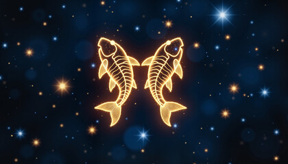 Golden Pisces constellation glowing in deep navy sky, celestial magic